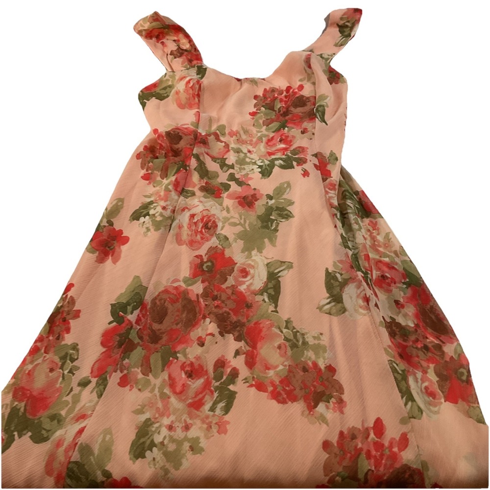 Connected‎ Apparel Peach Floral Chiffon Lined  Fit & Flare Midi Dress Sz 12 I89